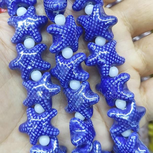 blue Porcelain Starfish Beads, electroplated