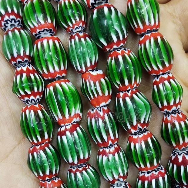Nepal Style Green Lampwork Glass Chevron Beads Barrel
