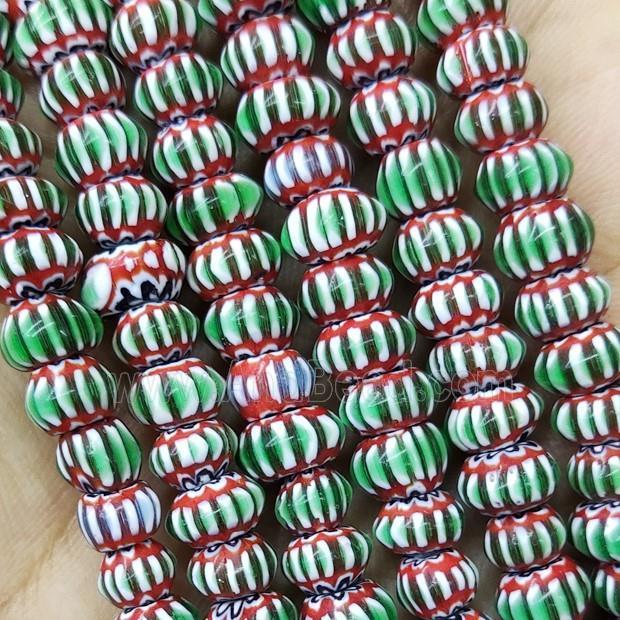 Nepal Style Green Lampwork Glass Rondelle Chevron Beads