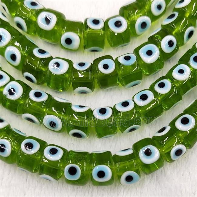 Green Lampwork Glass Heishi Beads With Evil Eye