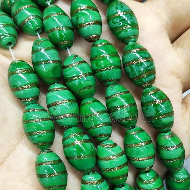 Green Lampwork Glass Rice Beads Gold Foil