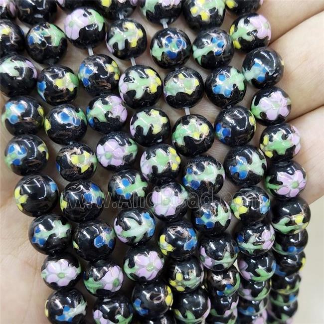 Porcelain Beads Multicolor Black Smooth Round