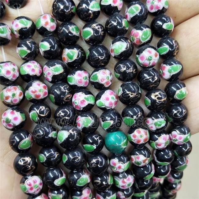 Porcelain Beads Multicolor Black Smooth Round