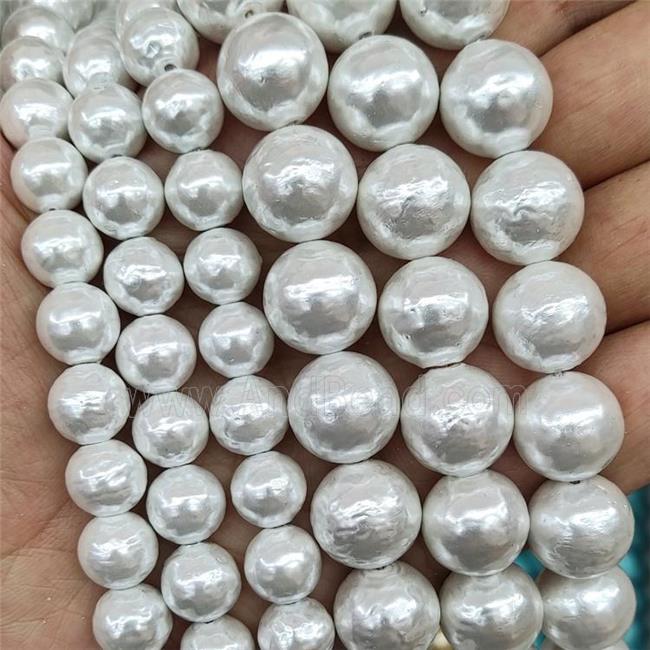 Baroque Style White Pearlized Shell Round Beads Hammered
