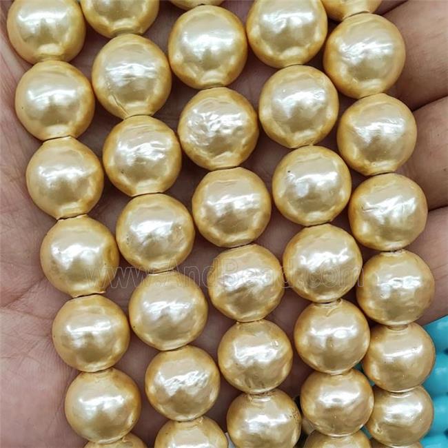 Baroque Style Pearlized Shell Beads Round Golden Hammered