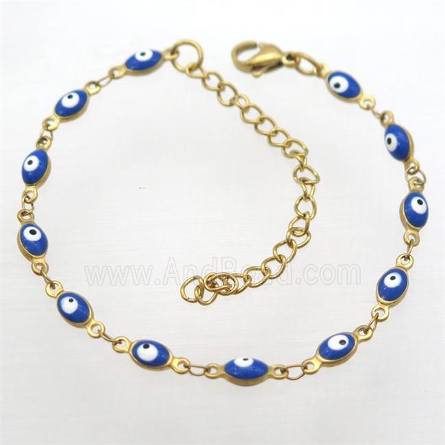 stainless steel bracelet with blue evil eye, Adjustable, gold plated