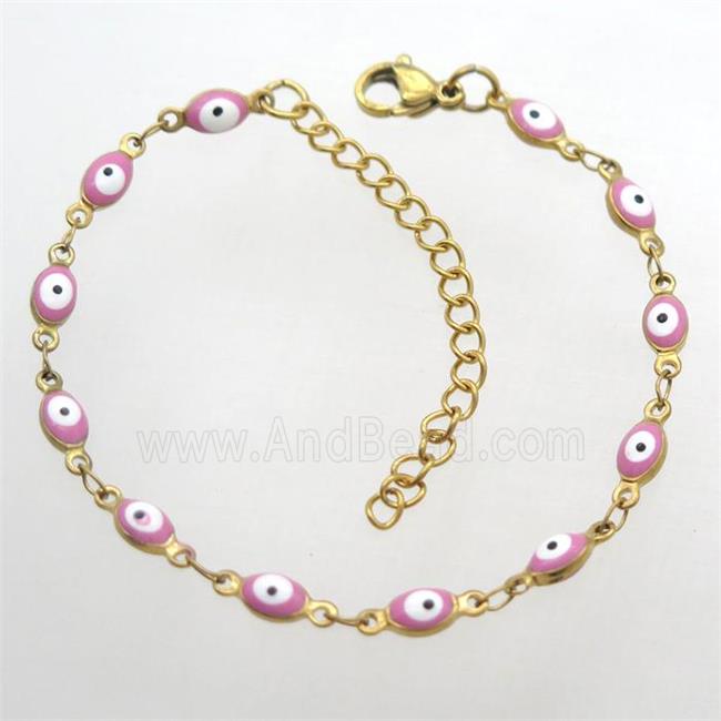 stainless steel bracelet with pink evil eye, Adjustable, gold plated