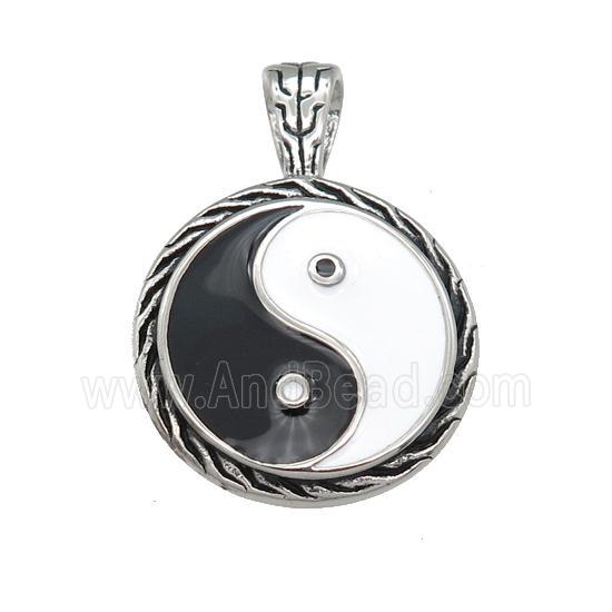 Stainless Steel Taichi Pendant Enamel YinYang Antique Silver