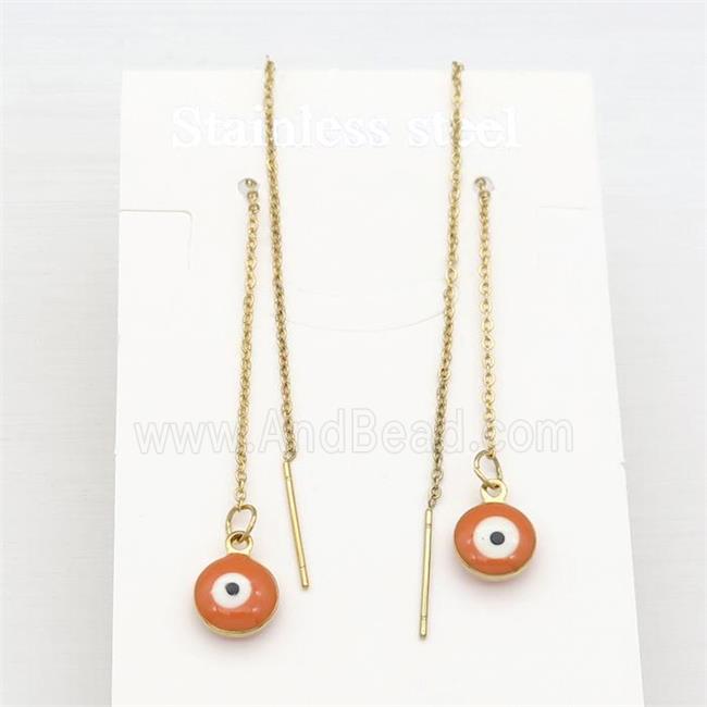stainless steel Wire Earring with orange enamel Evil Eye, gold plated