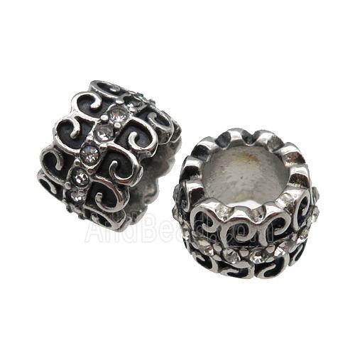 Stainless Steel tube Beads pave rhinestone, large hole, antique silver