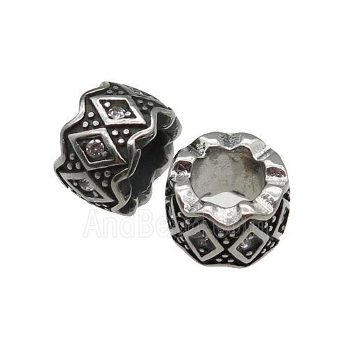 Stainless Steel tube Beads pave rhinestone, large hole, antique silver