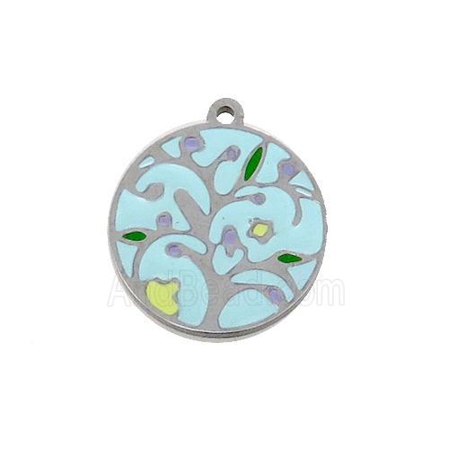 Raw Stainless Steel Circle Pendant Tree Of Life Multicolor Enamel