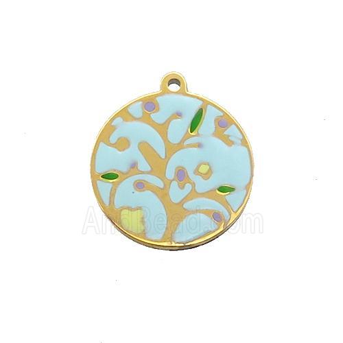 Stainless Steel Circle Pendant Tree Of Life Multicolor Enamel Gold Plated