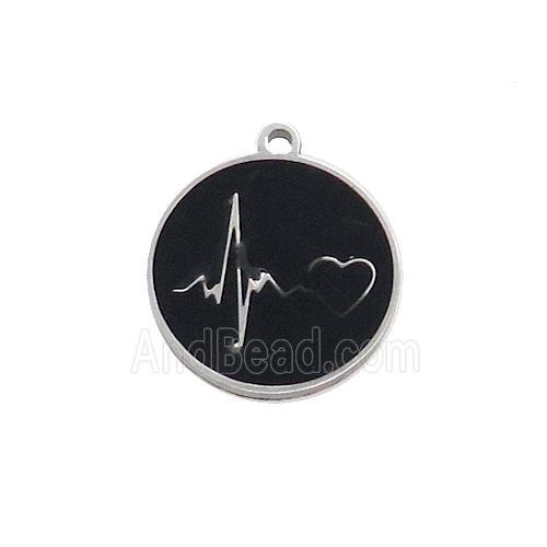 Raw Stainless Steel Circle Heartbeat Pendant Black Enamel