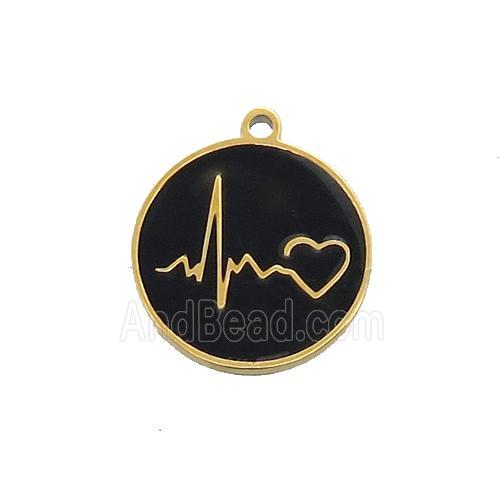 Stainless Steel Circle Heartbeat Pendant Black Enamel Gold Plated
