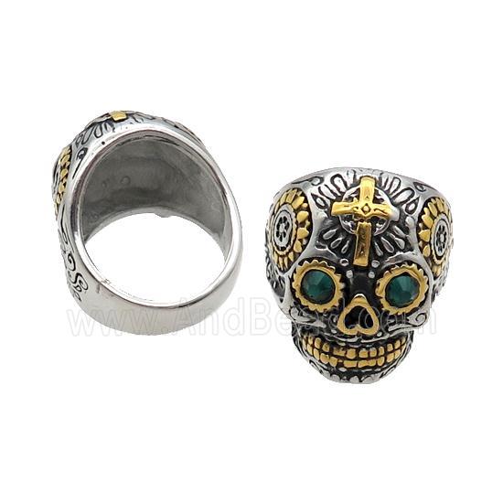 Stainless Steel Skull Ring Pave Rhinestone Antique Gold