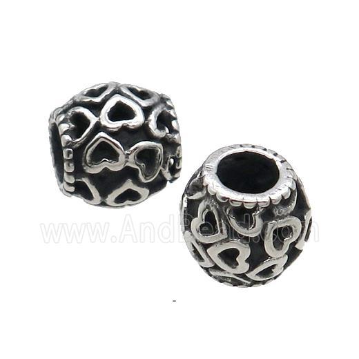 Stainless Steel Barrel Beads Large Hole Heart Antique Silver