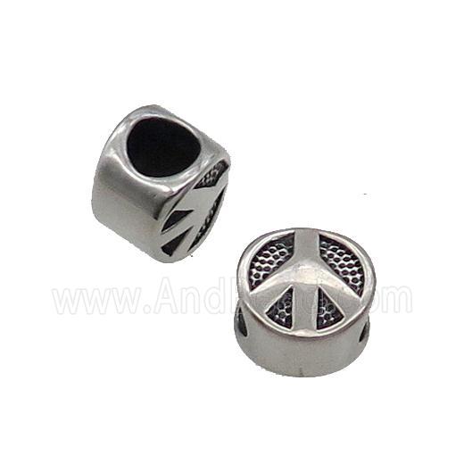 Stainless Steel Coin Beads Peace Sign Large Hole Antique Silver