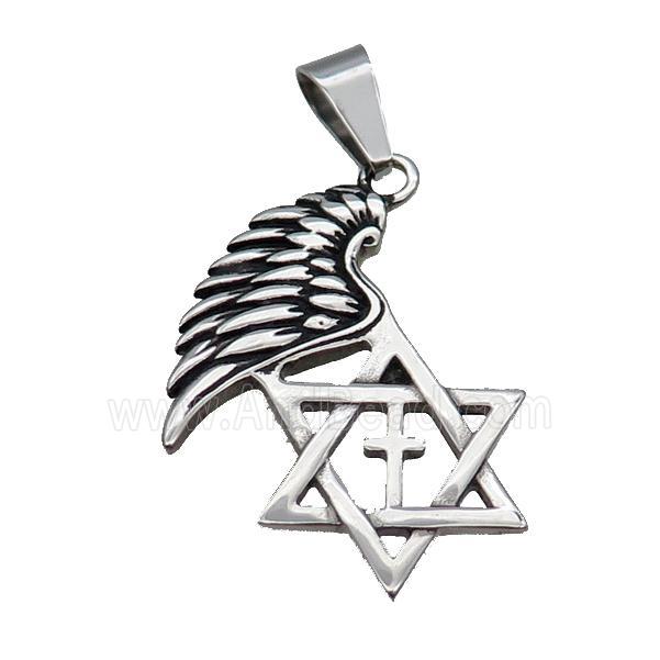 Stainless Steel David Star Wing Pendant Antique Silver