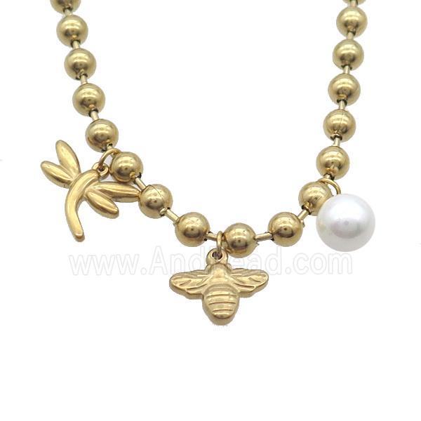 Stainless Steel Necklace Dragonfly Honeybee Gold Plated
