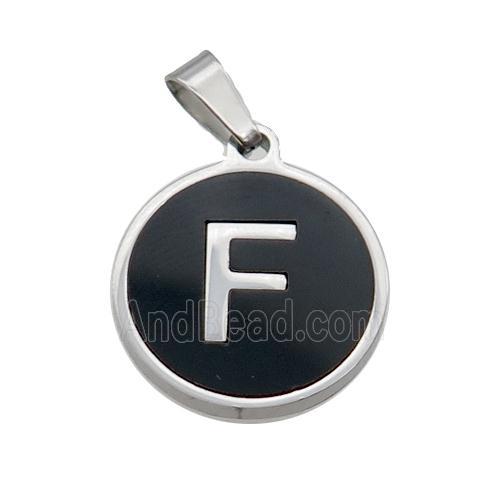 Raw Stainless Steel Pendant Pave Black Agate Letter-F