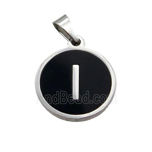 Raw Stainless Steel Pendant Pave Black Agate Letter-I