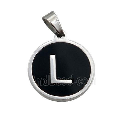 Raw Stainless Steel Pendant Pave Black Agate Letter-L