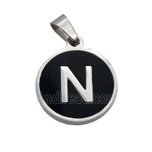 Raw Stainless Steel Pendant Pave Black Agate Letter-N