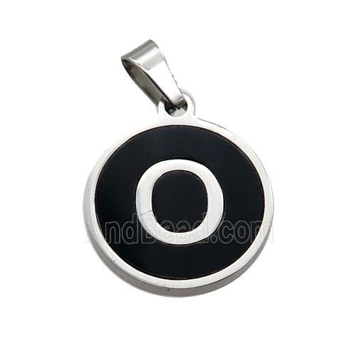 Raw Stainless Steel Pendant Pave Black Agate Letter-O