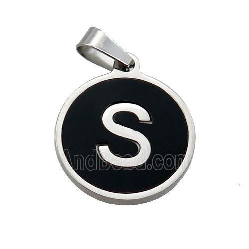 Raw Stainless Steel Pendant Pave Black Agate Letter-S