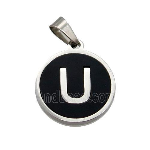 Raw Stainless Steel Pendant Pave Black Agate Letter-U