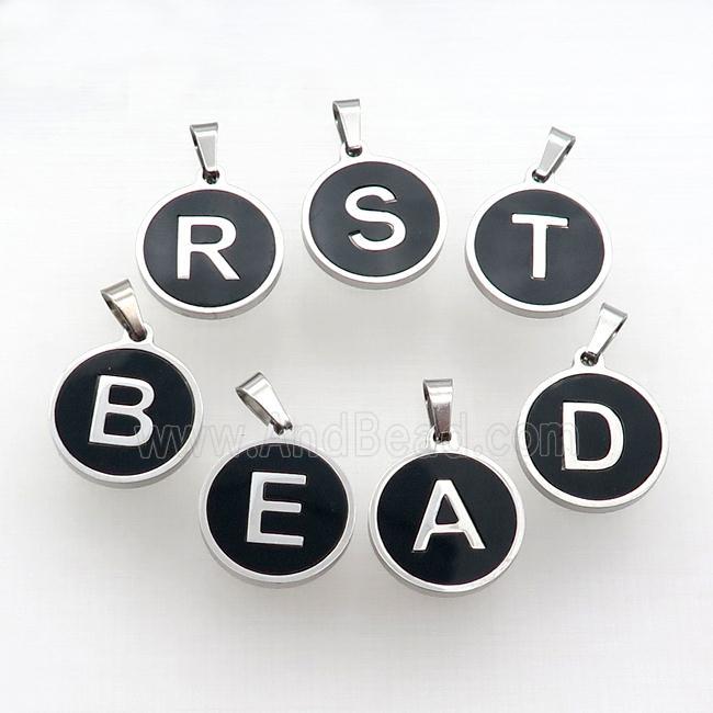 Raw Stainless Steel Letter Pendant Pave Black Agate Circle Mix Alphabet
