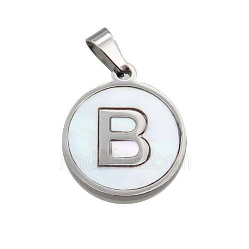 Raw Stainless Steel Pendant Pave White Shell Letter-B