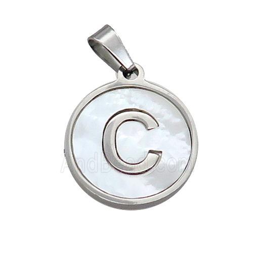 Raw Stainless Steel Pendant Pave White Shell Letter-C
