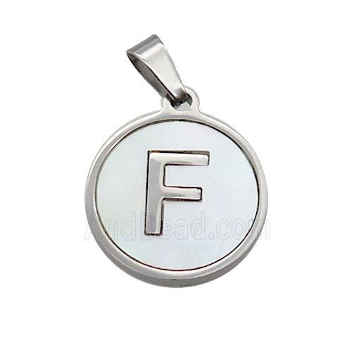 Raw Stainless Steel Pendant Pave White Shell Letter-F