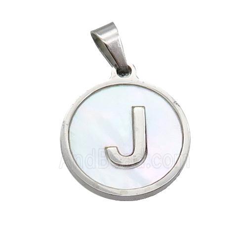 Raw Stainless Steel Pendant Pave White Shell Letter-J