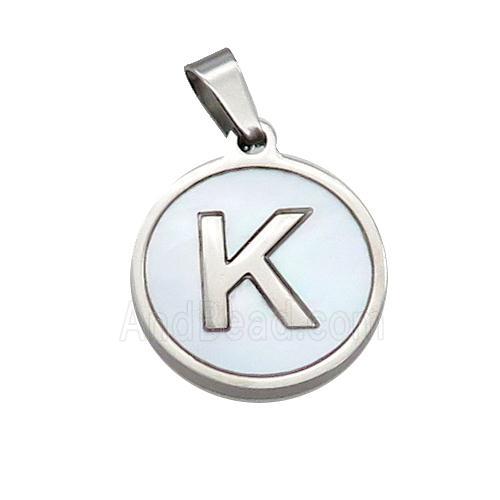 Raw Stainless Steel Pendant Pave White Shell Letter-K