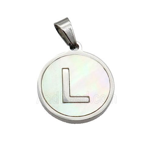 Raw Stainless Steel Pendant Pave White Shell Letter-L