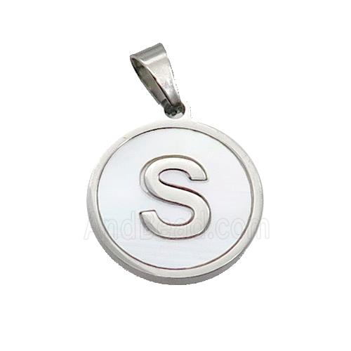 Raw Stainless Steel Pendant Pave White Shell Letter-S