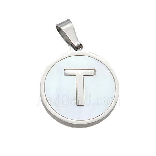 Raw Stainless Steel Pendant Pave White Shell Letter-T