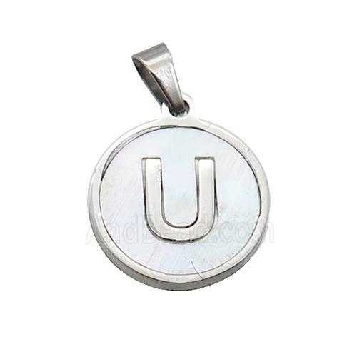 Raw Stainless Steel Pendant Pave White Shell Letter-U