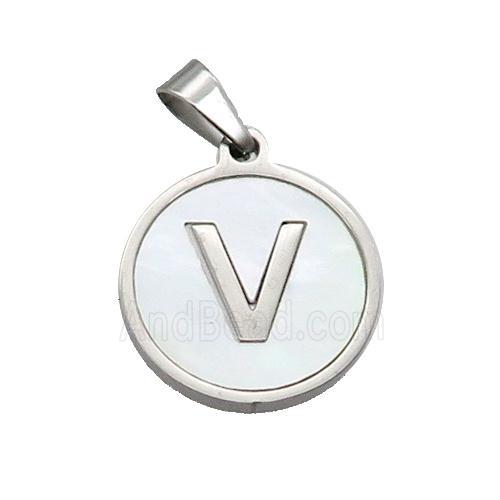 Raw Stainless Steel Pendant Pave White Shell Letter-V