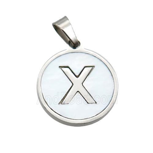 Raw Stainless Steel Pendant Pave White Shell Letter-X