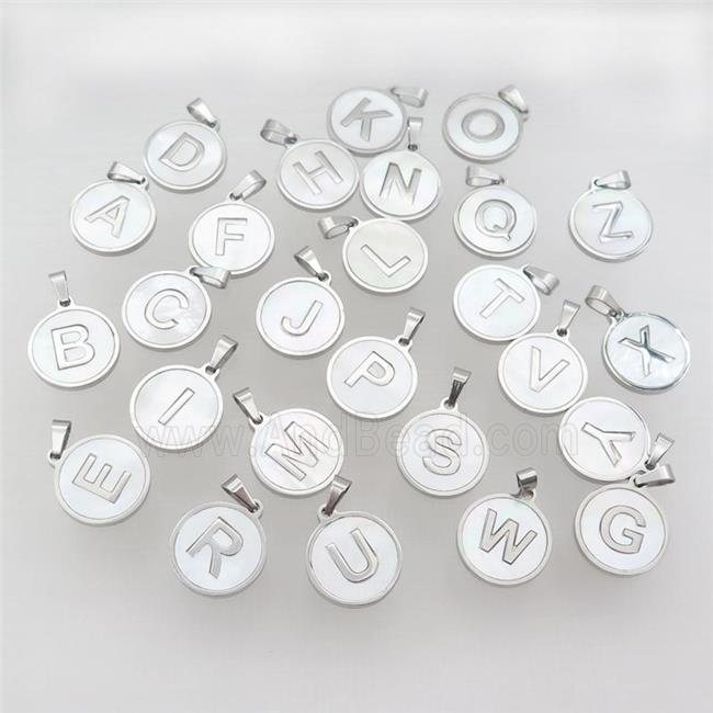 Raw Stainless Steel Letter Pendant Pave White Shell Mix Alphabet