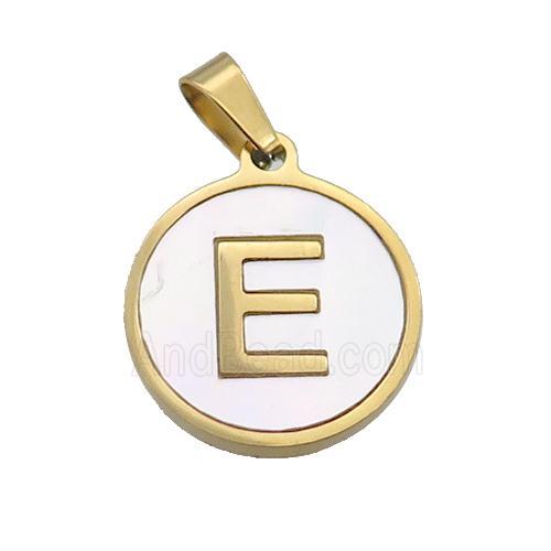 Stainless Steel Pendant Pave White Shell Letter-E Gold Plated