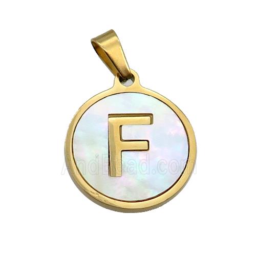 Stainless Steel Pendant Pave White Shell Letter-F Gold Plated