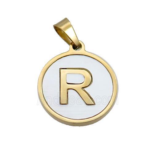 Stainless Steel Pendant Pave White Shell Letter-R Gold Plated