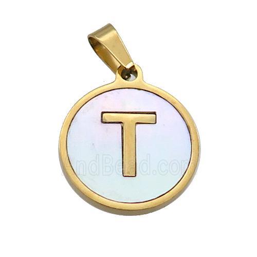 Stainless Steel Pendant Pave White Shell Letter-T Gold Plated