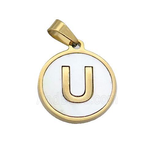 Stainless Steel Pendant Pave White Shell Letter-U Gold Plated