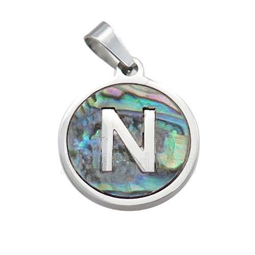 Raw Stainless Steel Pendant Pave Abalone Shell Letter-N